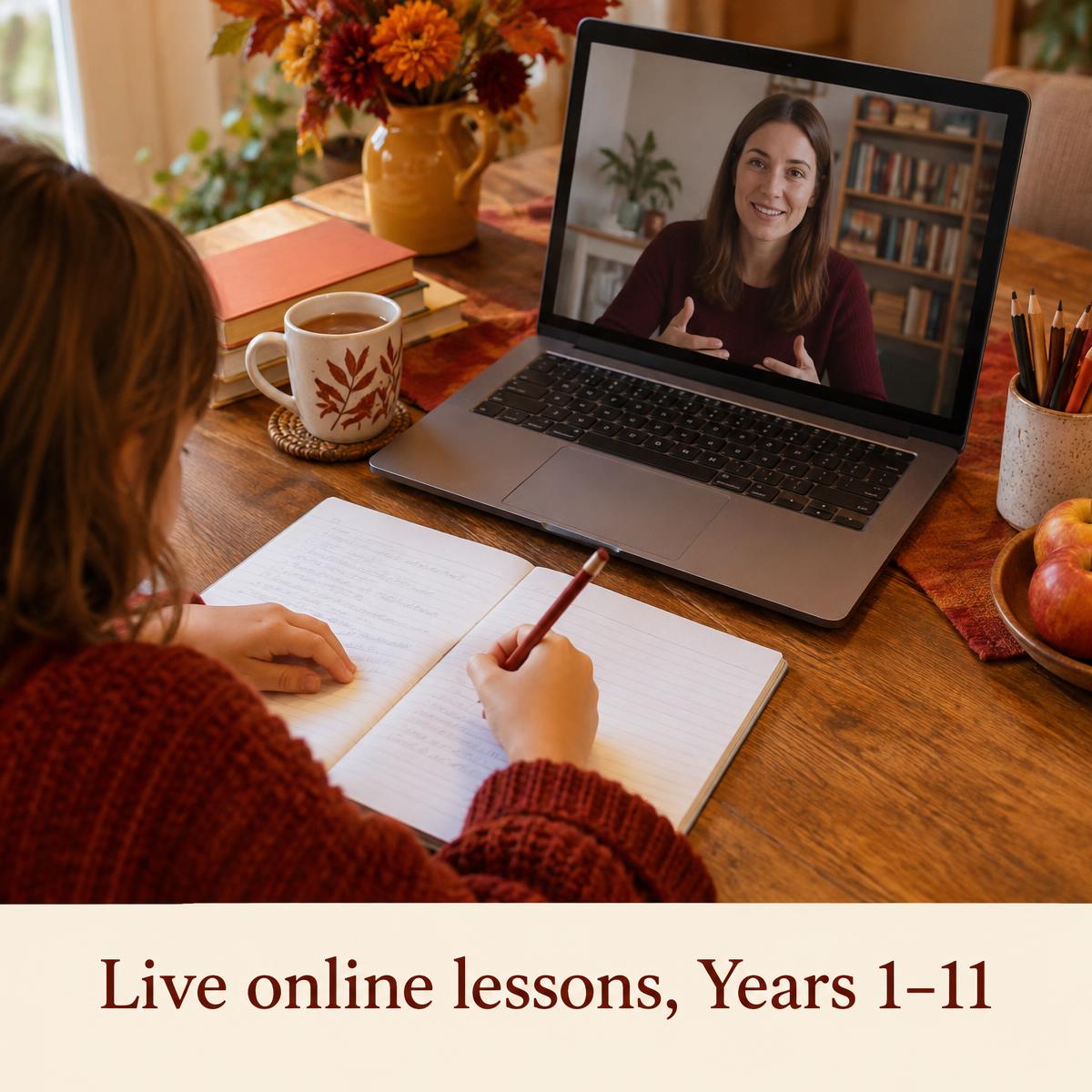 A pupil writing notes during a live online lesson