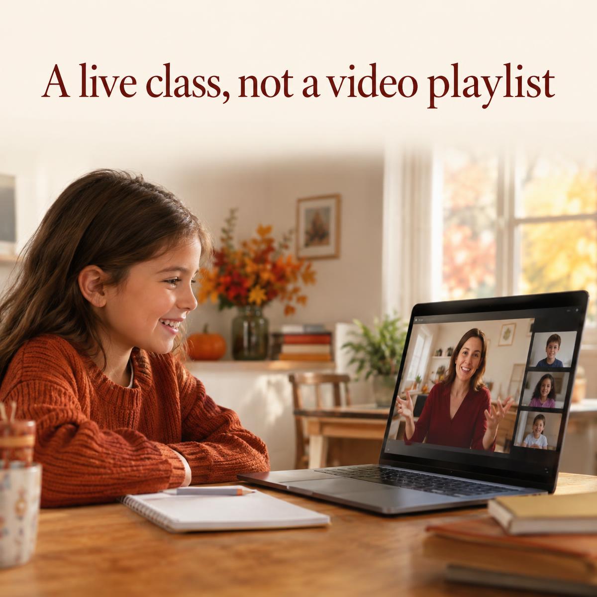 A child smiling at her live online class at the kitchen table